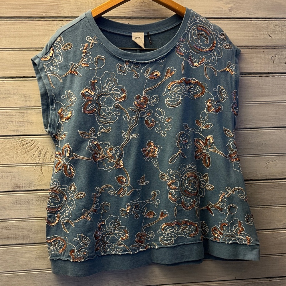Anthropologie Elegant Blue Floral Embroidered Blouse Akemi + Kin